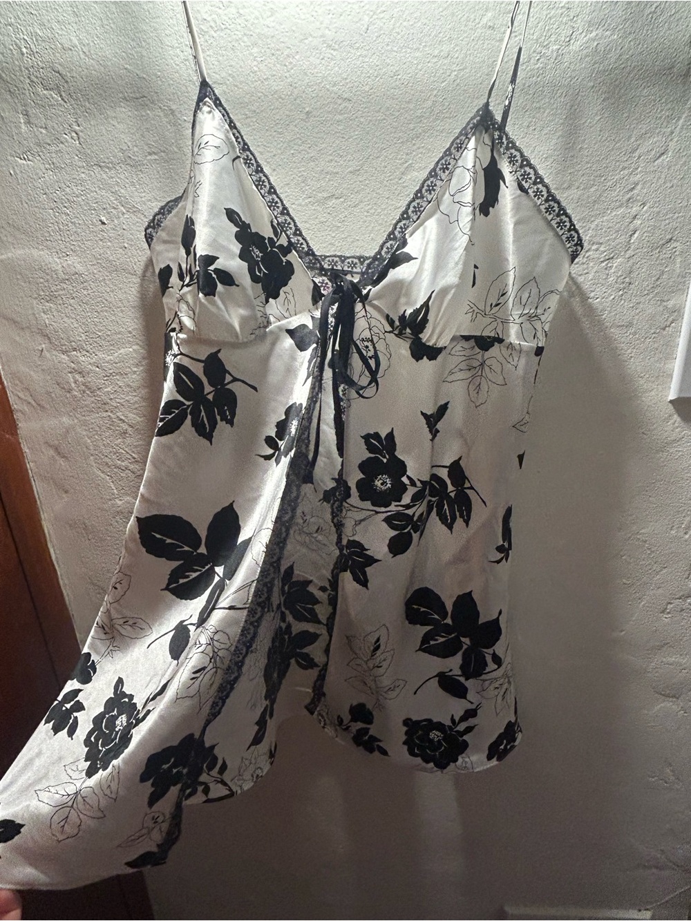Black & White Floral Satin Nightgown